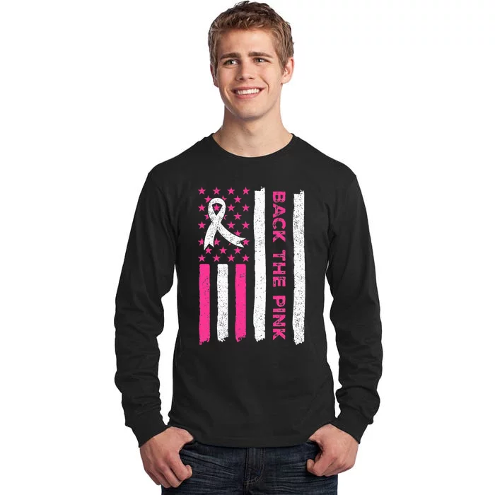 Back The Pink Ribbon American Flag Breast Cancer Awareness Tall Long Sleeve T-Shirt