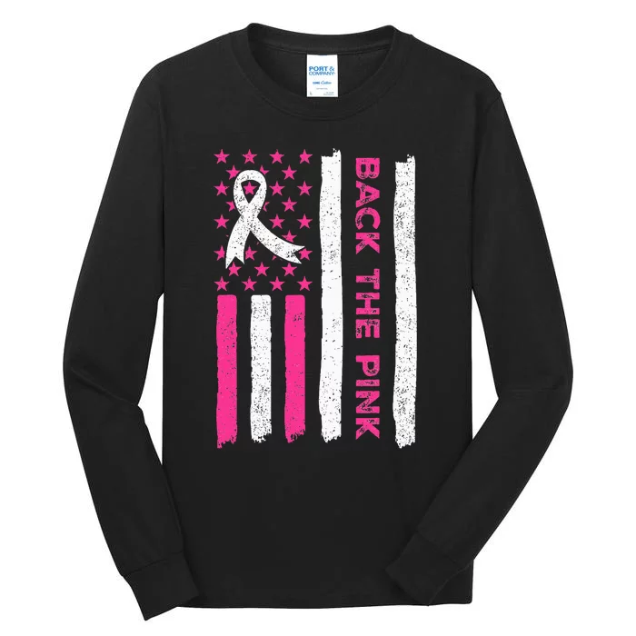 Back The Pink Ribbon American Flag Breast Cancer Awareness Tall Long Sleeve T-Shirt