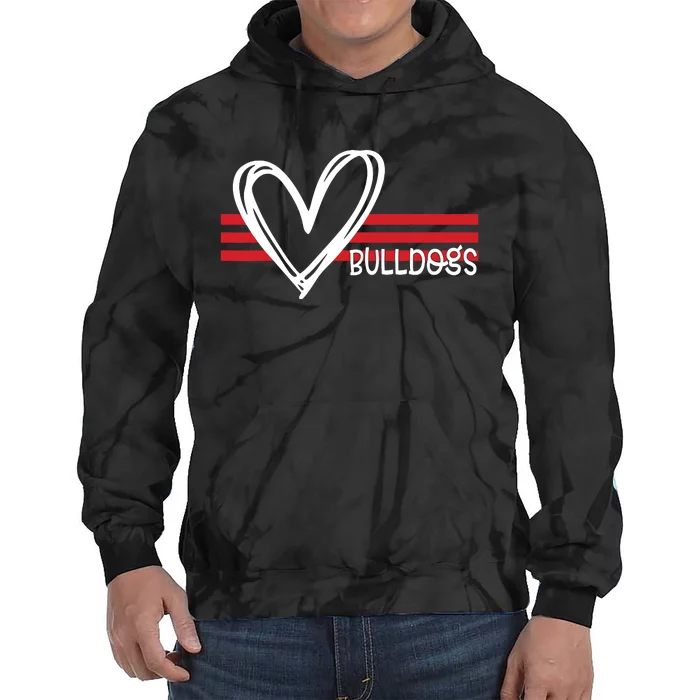 Bulldogs Team Pride School Spirit White Red Heart Tie Dye Hoodie