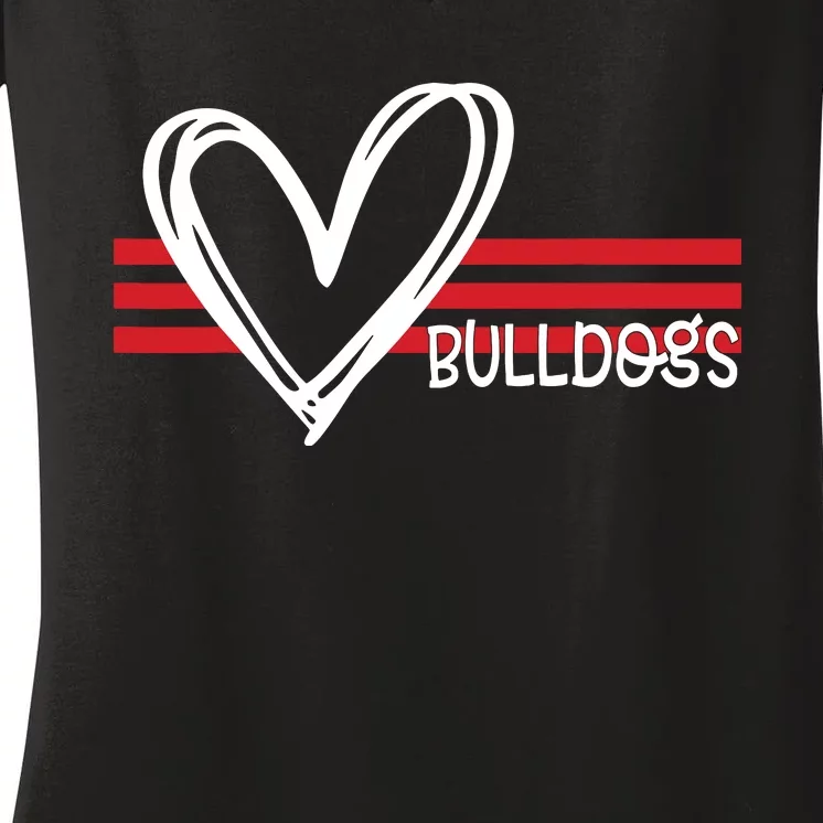 Bulldogs Team Pride School Spirit White Red Heart Women's V-Neck T-Shirt