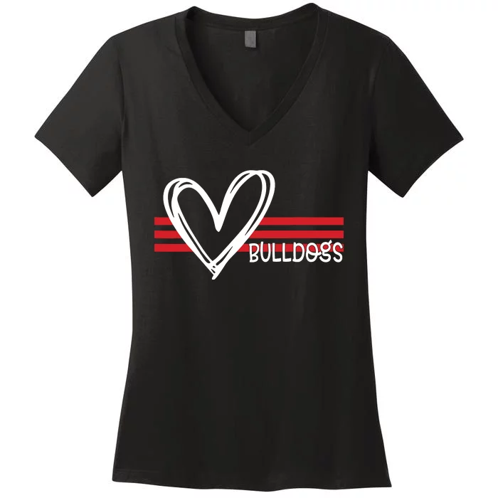 Bulldogs Team Pride School Spirit White Red Heart Women's V-Neck T-Shirt