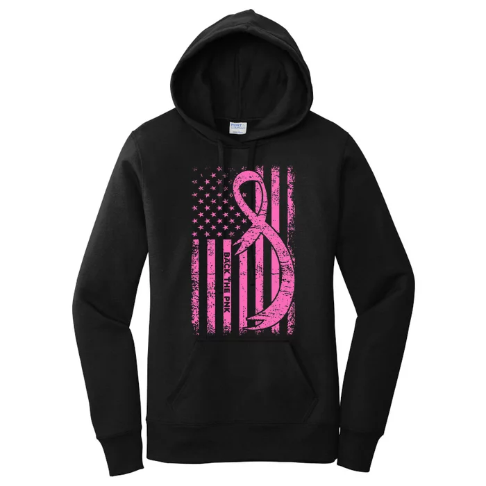 Back The Pink Ribbon American Flag Breast Cancer Awareness Women's Pullover Hoodie