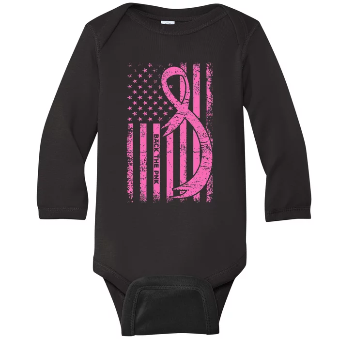 Back The Pink Ribbon American Flag Breast Cancer Awareness Baby Long Sleeve Bodysuit