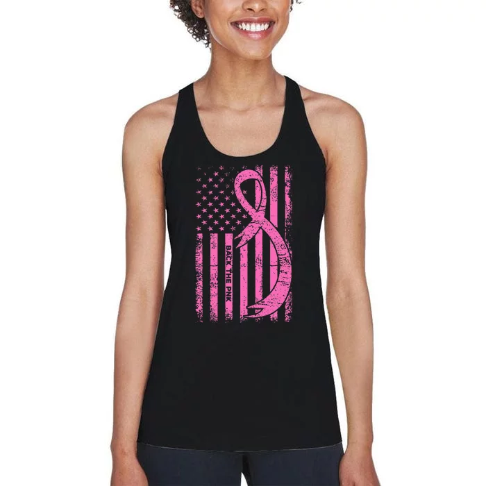 Back The Pink Ribbon American Flag Breast Cancer Awareness Women's Racerback Tank