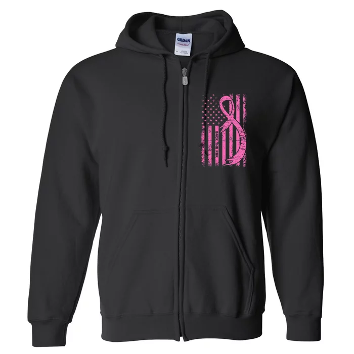 Back The Pink Ribbon American Flag Breast Cancer Awareness Full Zip Hoodie