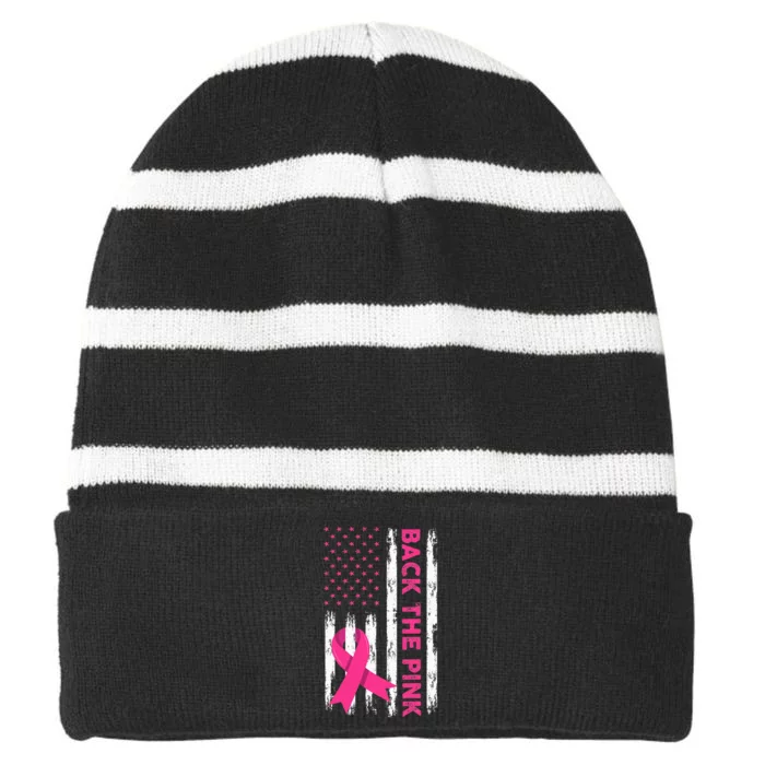 Back The Pink Breast Cancer Awareness Striped Beanie with Solid Band