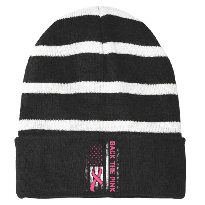 Back The P.I.N.K. Us Flag Breast Cancer Awareness Striped Beanie with Solid Band