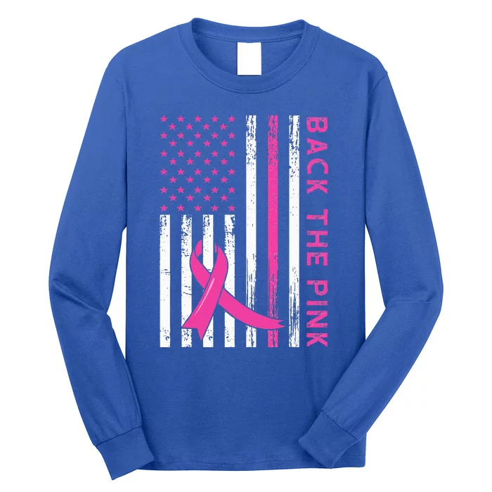 Back The Pink Ribbon Flag Breast Cancer Warrior Long Sleeve Shirt