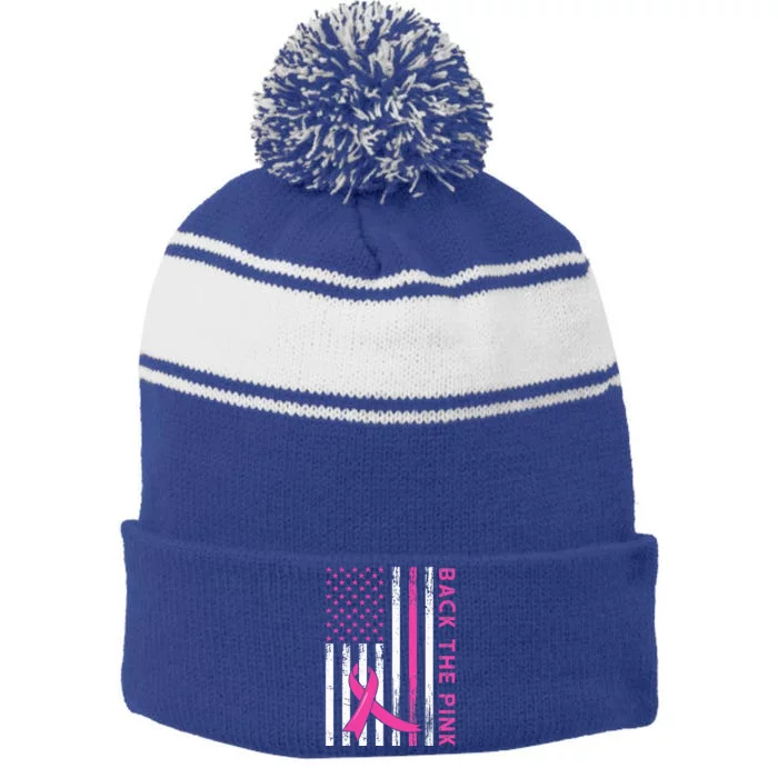 Back The Pink Ribbon Flag Breast Cancer Warrior Stripe Pom Pom Beanie