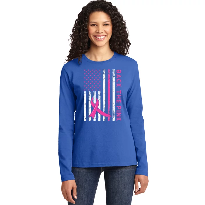 Back The Pink Ribbon Flag Breast Cancer Warrior Ladies Long Sleeve Shirt