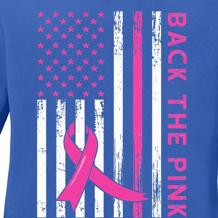 Back The Pink Ribbon Flag Breast Cancer Warrior Ladies Long Sleeve Shirt