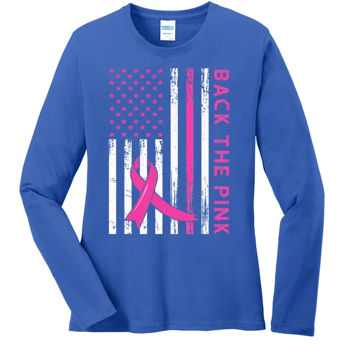 Back The Pink Ribbon Flag Breast Cancer Warrior Ladies Long Sleeve Shirt