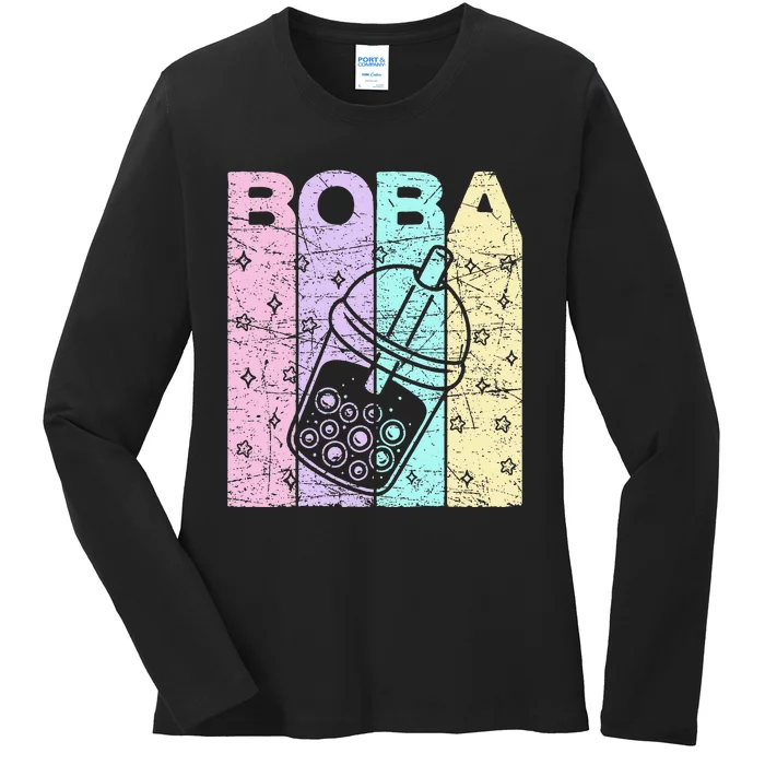 Boba Tea Pastel Bubble Tea Lover Retro Ladies Long Sleeve Shirt