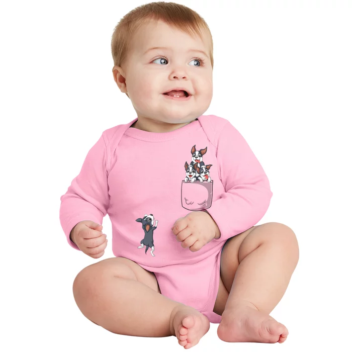 Boston Terrier Pocket Baby Long Sleeve Bodysuit