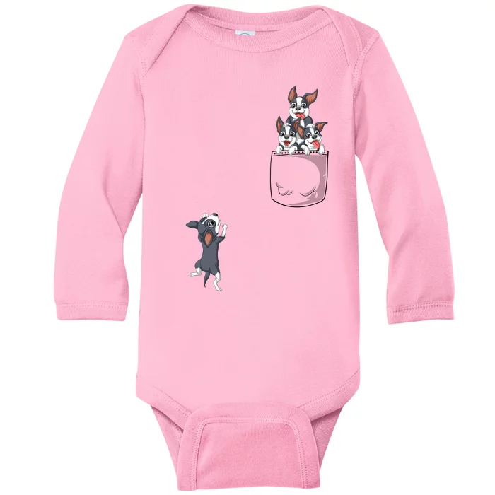 Boston Terrier Pocket Baby Long Sleeve Bodysuit