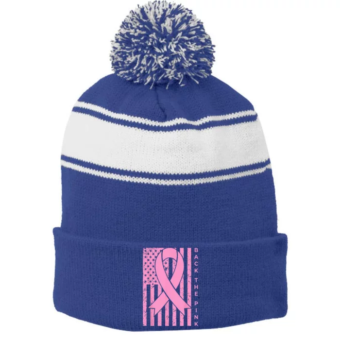 Back The Pink Breast Cancer Awareness Flag Stripe Pom Pom Beanie