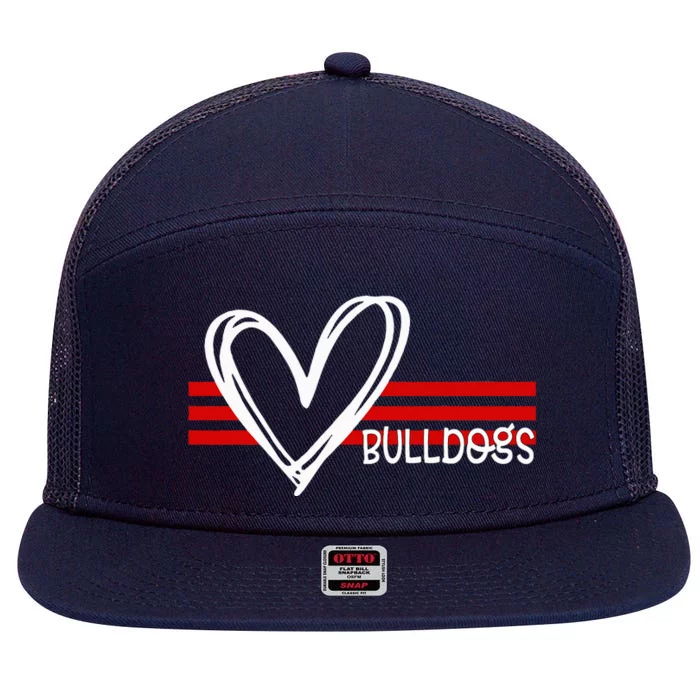 Bulldogs Team Pride School Spirit White Red Heart 7 Panel Mesh Trucker Snapback Hat