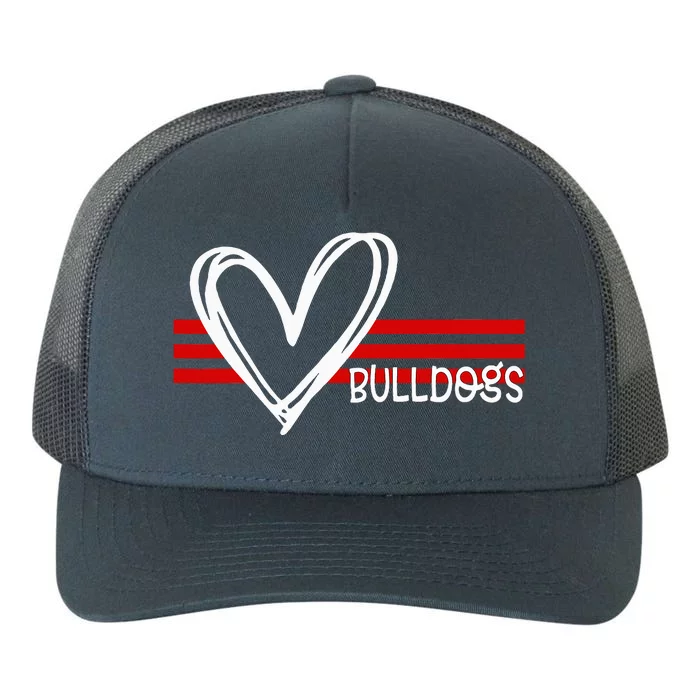 Bulldogs Team Pride School Spirit White Red Heart Yupoong Adult 5-Panel Trucker Hat