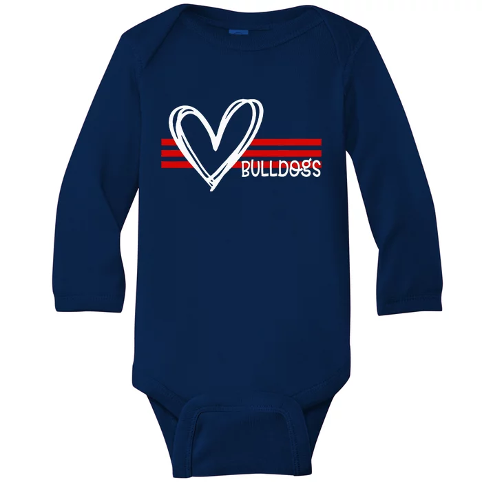 Bulldogs Team Pride School Spirit White Red Heart Baby Long Sleeve Bodysuit