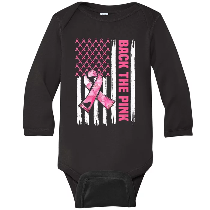 Back The Pink Warrior Flag American Breast Cancer Awareness Baby Long Sleeve Bodysuit