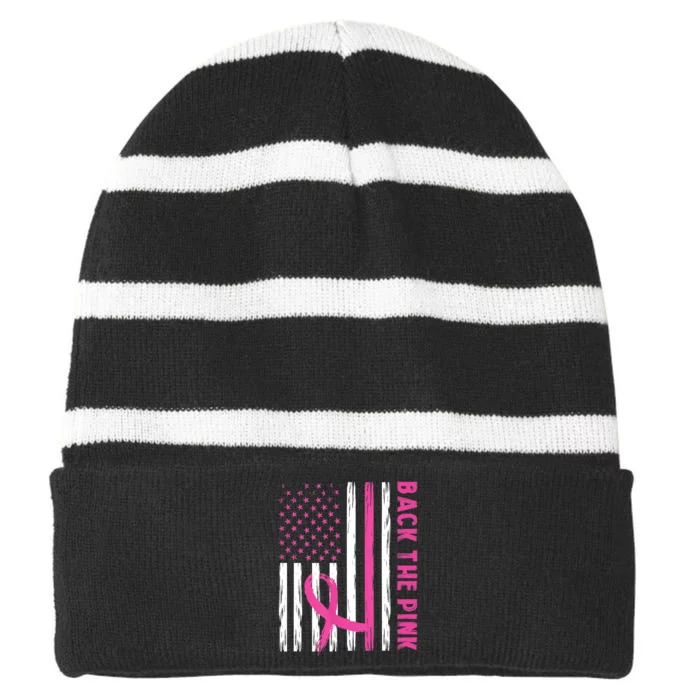 Back The Pink Ribbon Flag Breast Cancer Warrior Men Women Striped Beanie with Solid Band