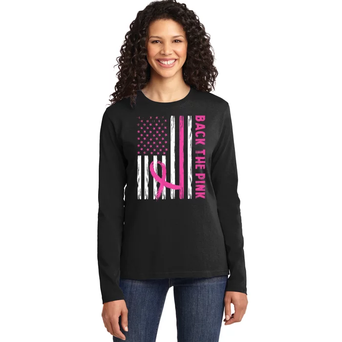 Back The Pink Ribbon Flag Breast Cancer Warrior Men Women Ladies Long Sleeve Shirt