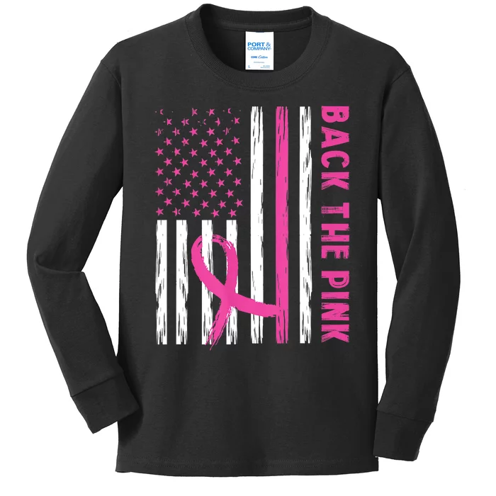 Back The Pink Ribbon Flag Breast Cancer Warrior Men Women Kids Long Sleeve Shirt