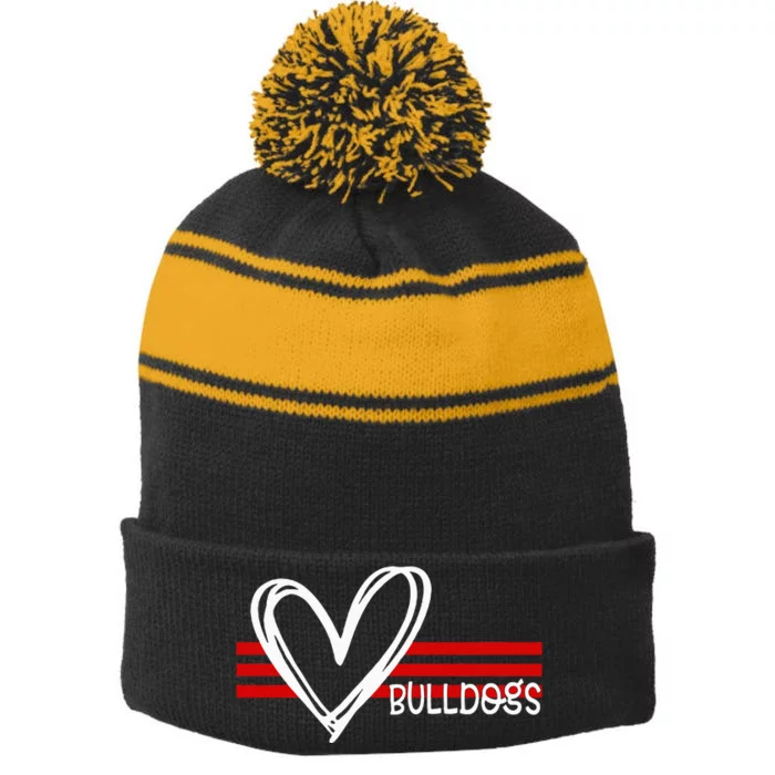 Bulldogs Team Pride School Spirit White Red Heart Stripe Pom Pom Beanie