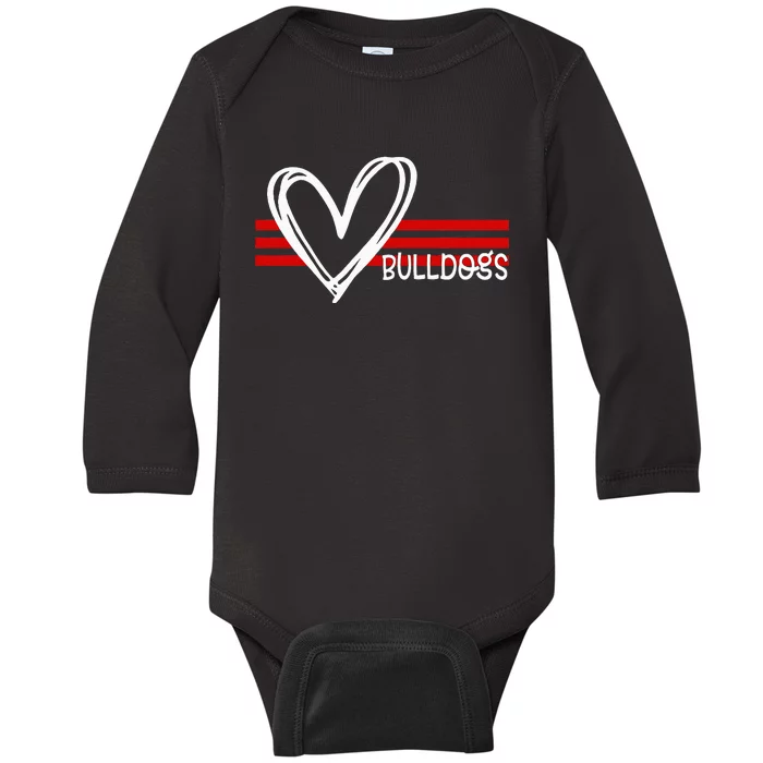 Bulldogs Team Pride School Spirit White Red Heart Baby Long Sleeve Bodysuit