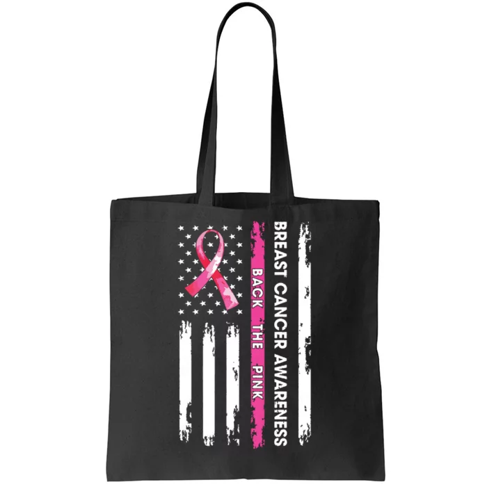 Back The Pink Ribbon American Flag Breast Cancer Awareness Tote Bag