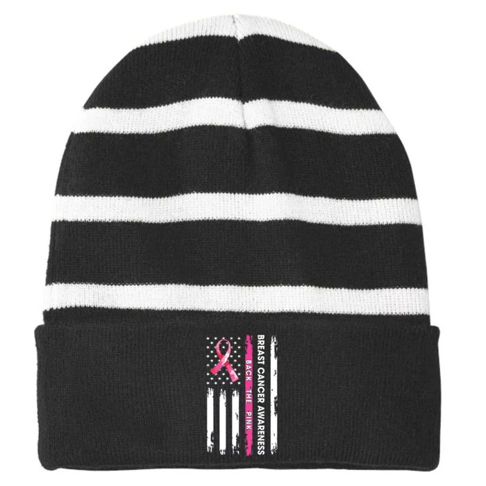 Back The Pink Ribbon American Flag Breast Cancer Awareness Striped Beanie with Solid Band