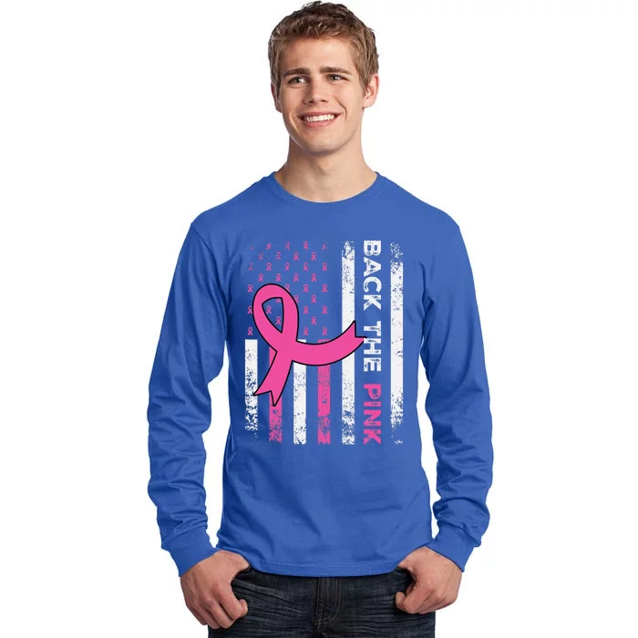 Back The Pink Ribbon American Flag Breast Cancer Awareness Tall Long Sleeve T-Shirt