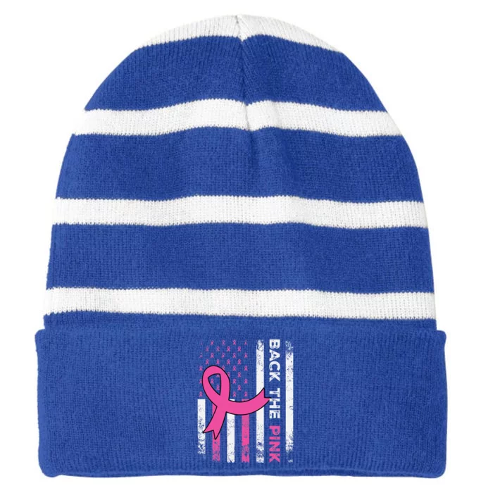 Back The Pink Ribbon American Flag Breast Cancer Awareness Striped Beanie with Solid Band