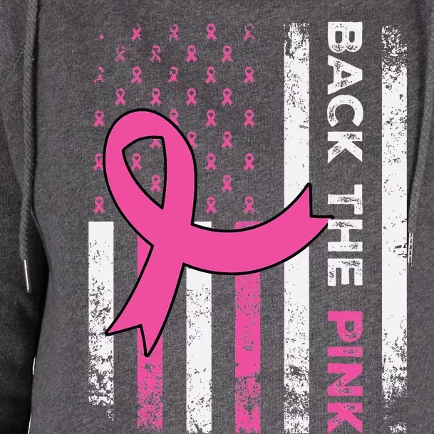 Back The Pink Ribbon American Flag Breast Cancer Awareness Womens Funnel Neck Pullover Hood