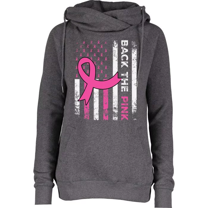 Back The Pink Ribbon American Flag Breast Cancer Awareness Womens Funnel Neck Pullover Hood