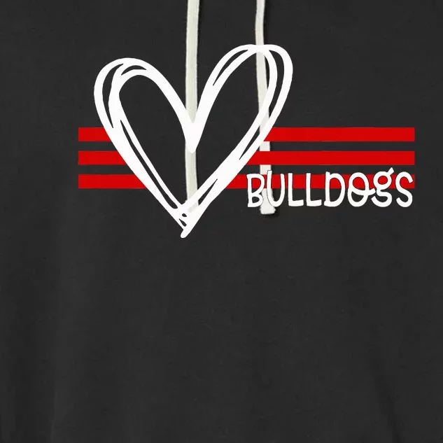 Bulldogs Team Pride School Spirit White Red Heart Garment-Dyed Fleece Hoodie