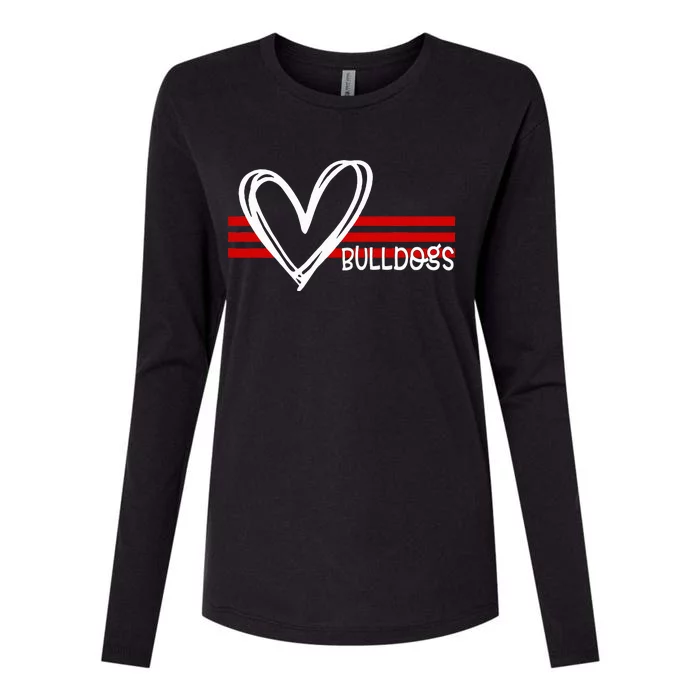 Bulldogs Team Pride School Spirit White Red Heart Womens Cotton Relaxed Long Sleeve T-Shirt