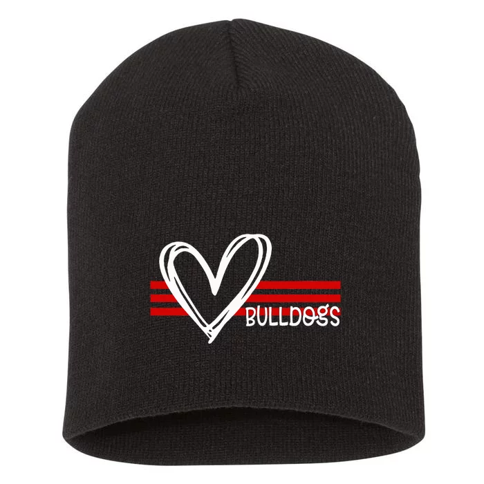 Bulldogs Team Pride School Spirit White Red Heart Short Acrylic Beanie