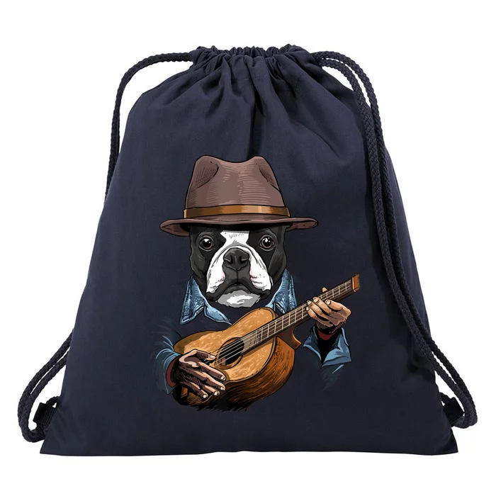 Boston Terrier Playing Guitar Pet Dog Lover Guitar Player Drawstring Bag