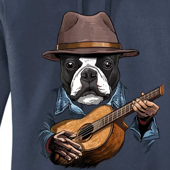 Boston Terrier Playing Guitar Pet Dog Lover Guitar Player Women's Pullover Hoodie