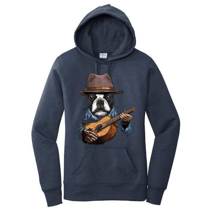 Boston Terrier Playing Guitar Pet Dog Lover Guitar Player Women's Pullover Hoodie