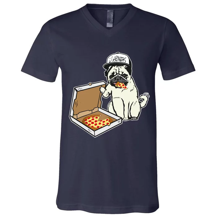 Babu The Pug Dog Eating Pizza, Justin Ashar Snapback V-Neck T-Shirt