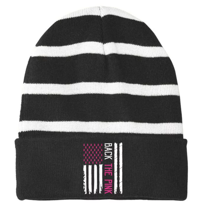 Back The Pink Breast Cancer Awareness Flag Striped Beanie with Solid Band