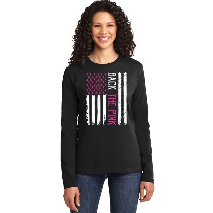 Back The Pink Breast Cancer Awareness Flag Ladies Long Sleeve Shirt