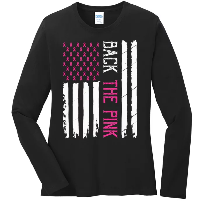 Back The Pink Breast Cancer Awareness Flag Ladies Long Sleeve Shirt