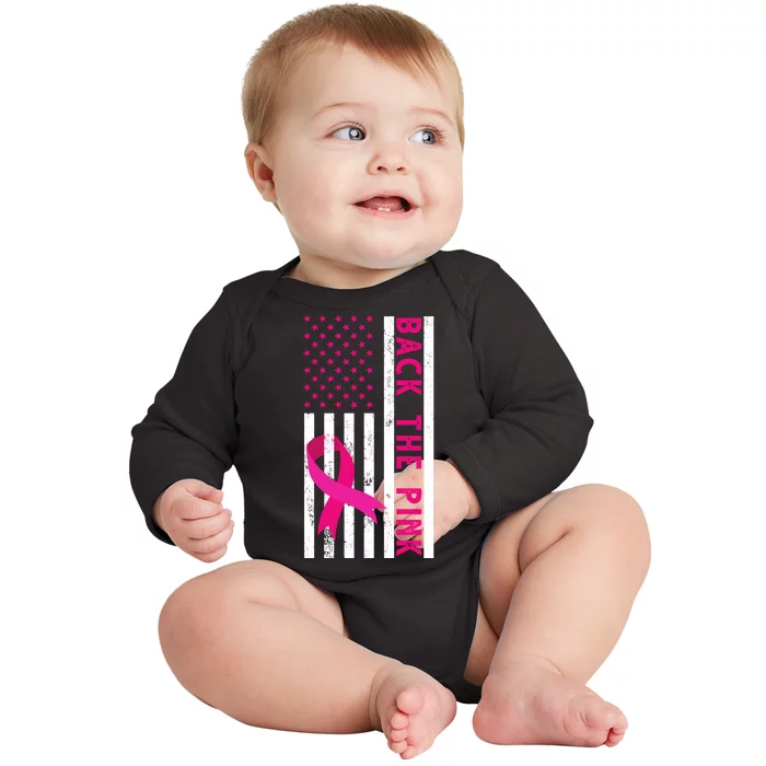 Back The Pink American Flag Pink Ribbon Breast Cancer Baby Long Sleeve Bodysuit