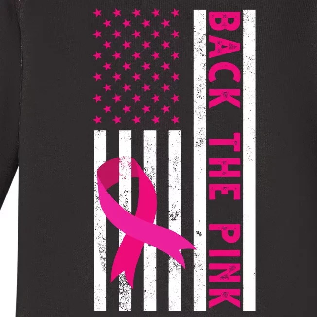 Back The Pink American Flag Pink Ribbon Breast Cancer Baby Long Sleeve Bodysuit