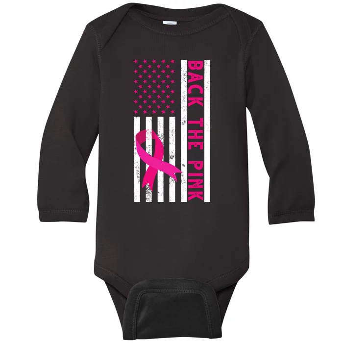 Back The Pink American Flag Pink Ribbon Breast Cancer Baby Long Sleeve Bodysuit