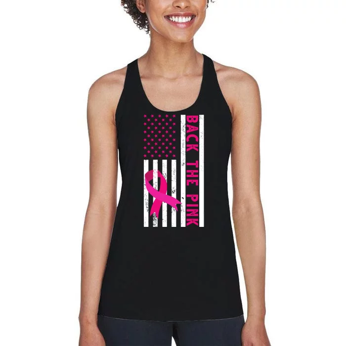 Back The Pink American Flag Pink Ribbon Breast Cancer Women's Racerback Tank