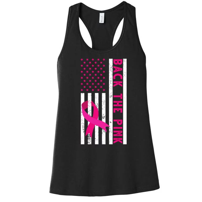 Back The Pink American Flag Pink Ribbon Breast Cancer Women's Racerback Tank